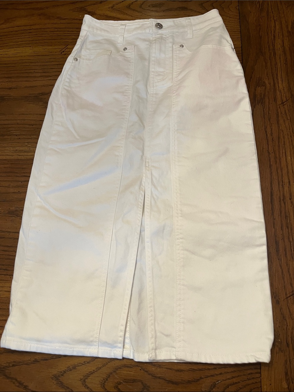 Juicy Couture White Denim Front-Slit Midi Skirt, size 27